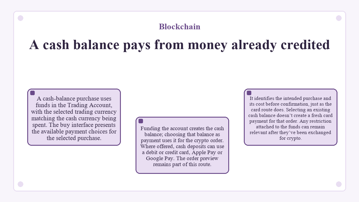 Blockchain: A cash balance pays from money already credited - diagram